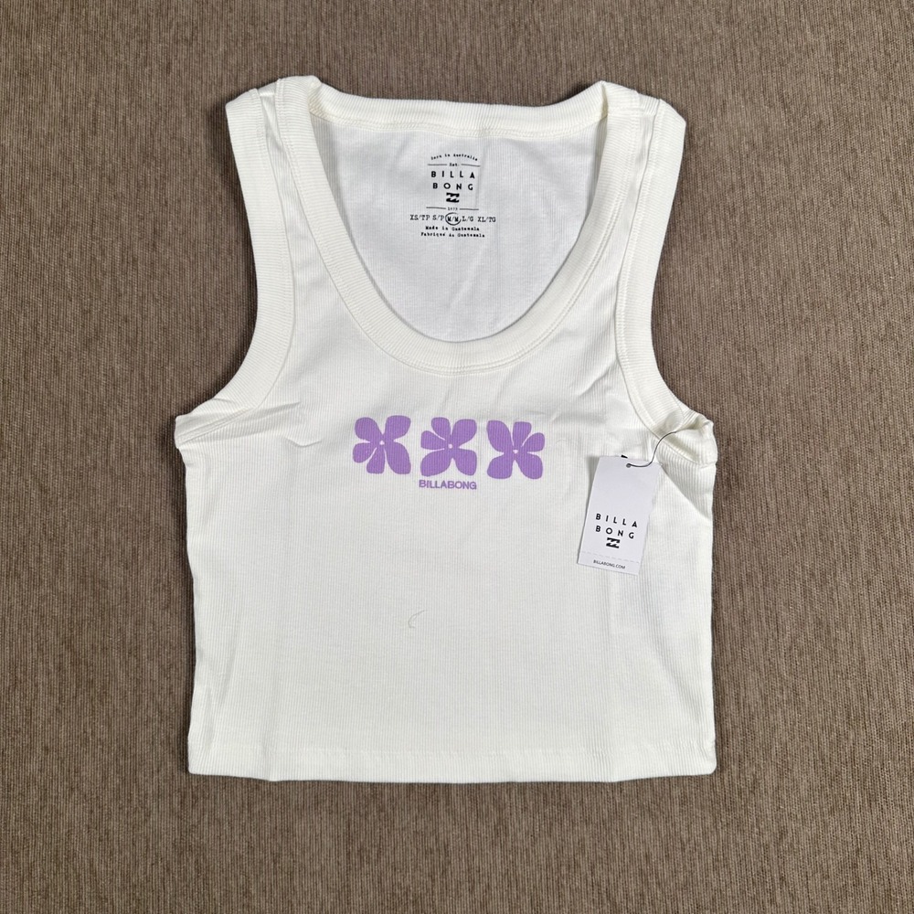Billabong Block Party Tank White Purple Flower Ribbed Crop Top